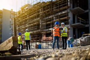 Commercial concrete contractors in hard hats stand in front of a partially built building, discussing their next steps.