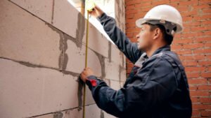 A concrete contractor in Atlanta, GA measuring the height of a brick wall with precision for a residential project.
