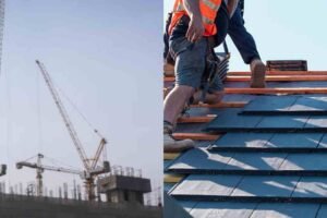 Two photos of a man on a flat and sloped concrete roof, highlighting his stance against the urban skyline.
