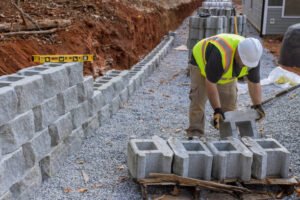 A man constructs a retaining wall using cement blocks, carefully stacking them for stability and support.