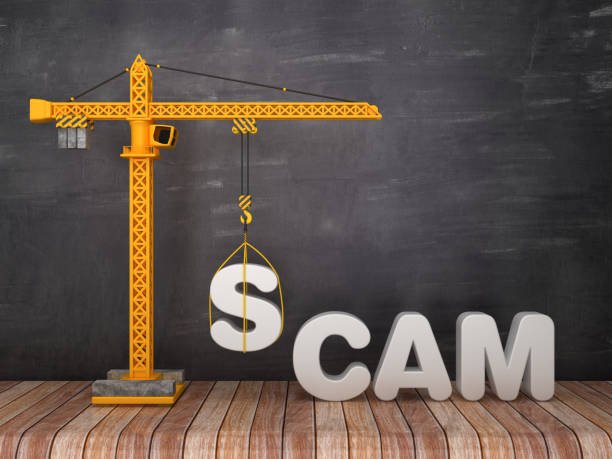 The word "scam" written on a blackboard, accompanied by a crane and hammer, highlighting concrete contractor scams.